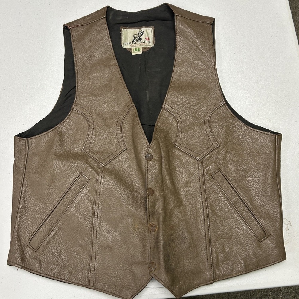 Genuine Leather Western Vest Mens L Brown Button Front Hecho En Mexico C3